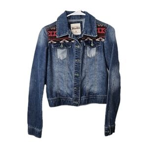 Mudd‎ Blue Denim Jean Jacket Juniors Size Small Patchwork Design Y2K EUC